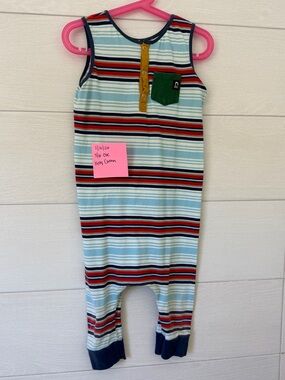 Striped Sleeveless One-Piece Romper in Light Blue with Green Pocket